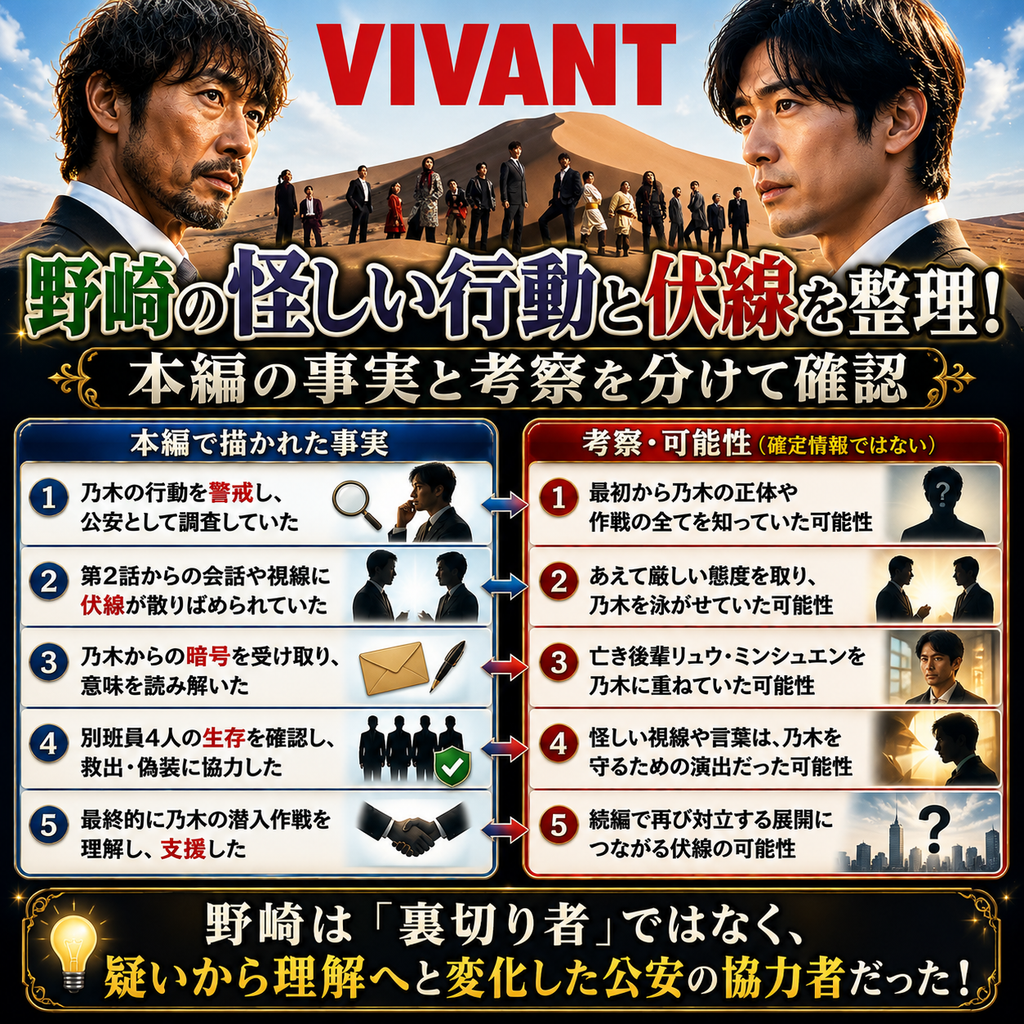 VIVANT野崎の怪しい行動と伏線を整理!本編の事実と考察を分けて確認