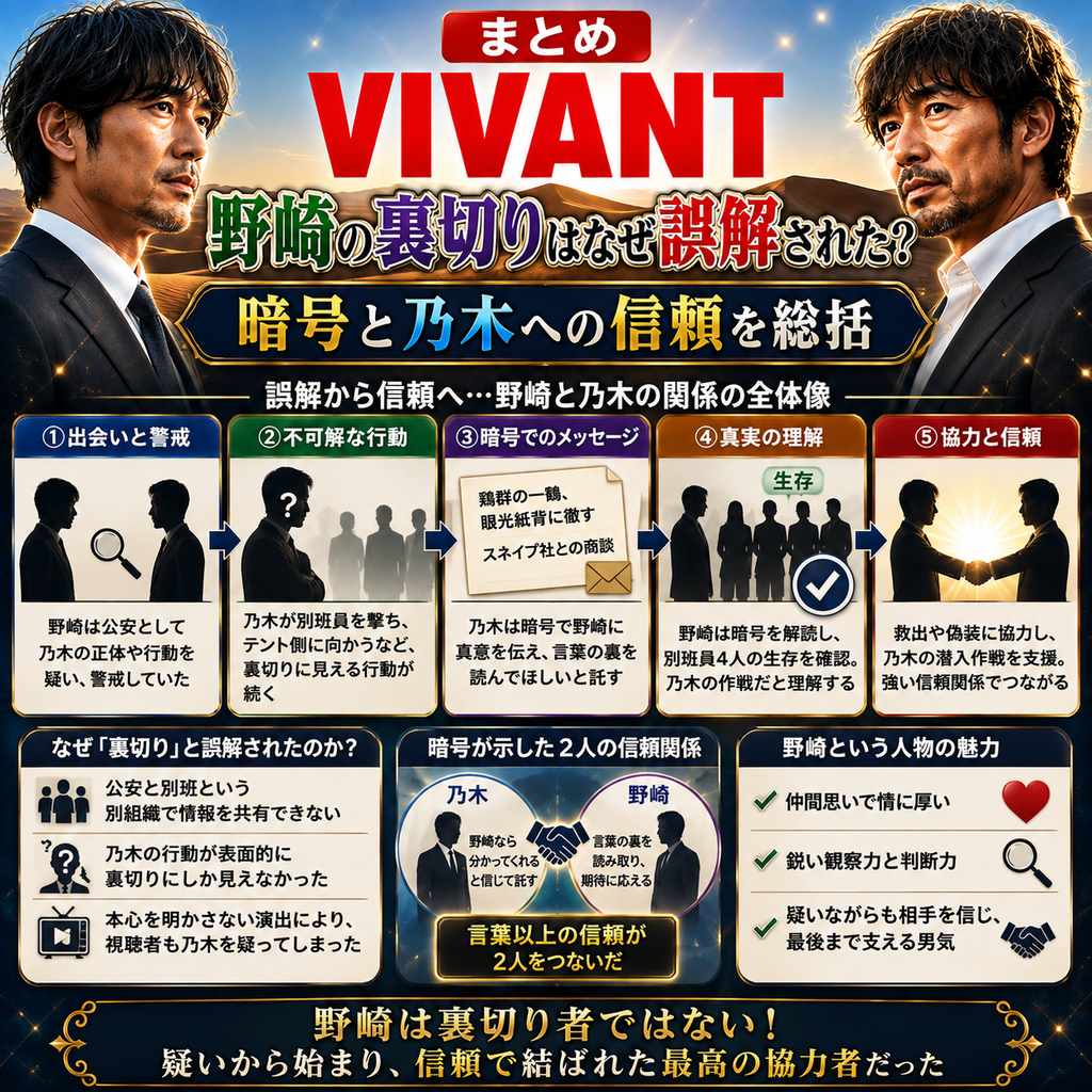 まとめ|VIVANT野崎の裏切りはなぜ誤解された?暗号と乃木への信頼を総括