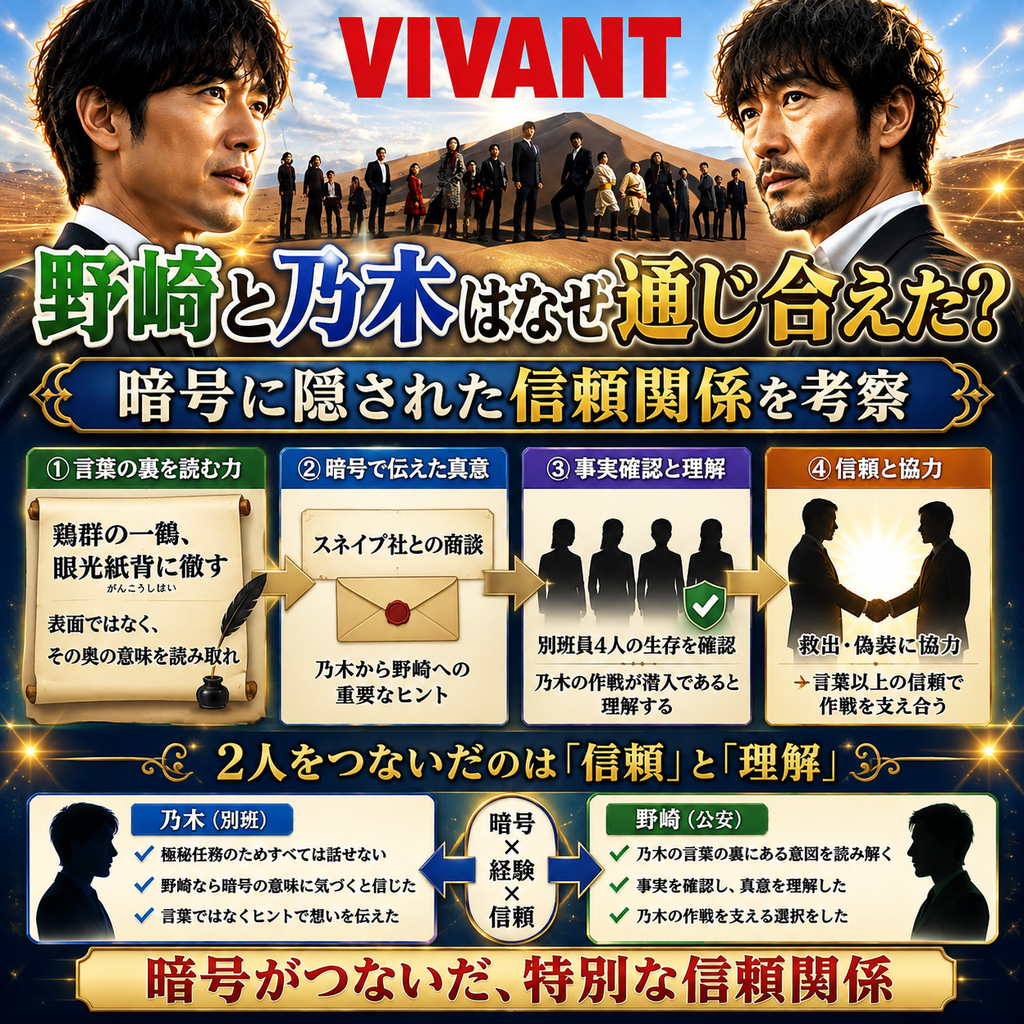 VIVANT野崎と乃木はなぜ通じ合えた?暗号に隠された信頼関係を考察